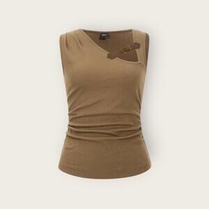 Micas Asymmetric Buckle Strap Knit Sleeveless Top – Khaki – NWT - Modern Chic